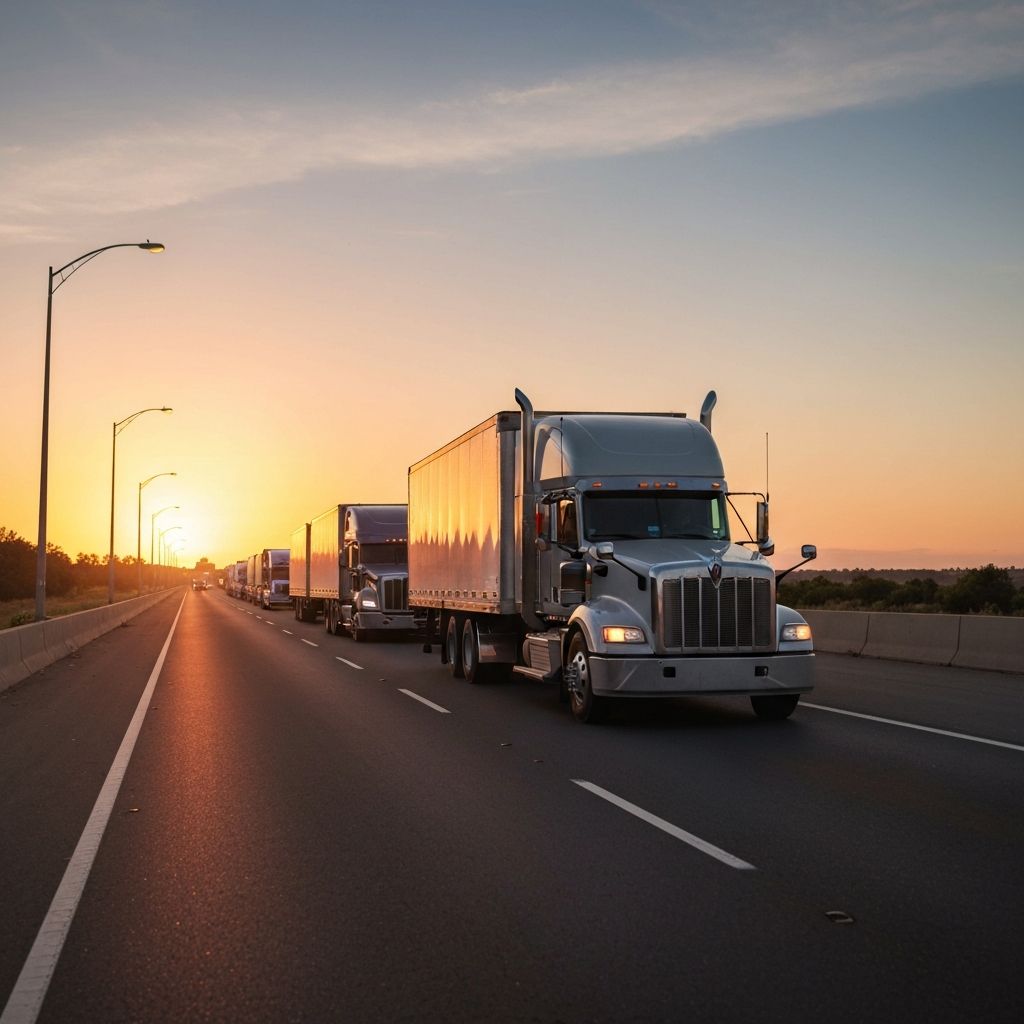 Fleet of commercial trucks on highway